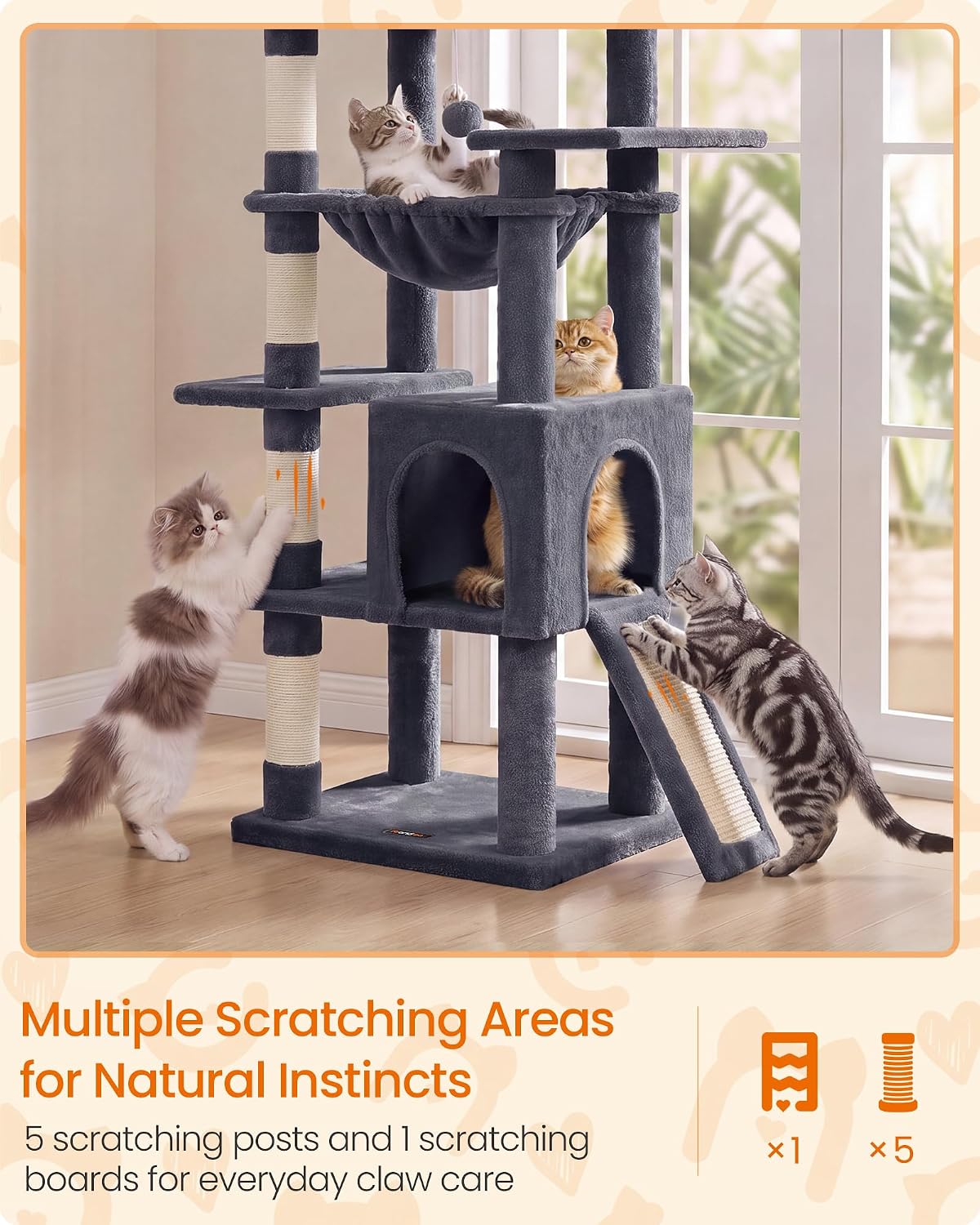 Feandrea Cat Tree, 70.3" Heavy Duty Cat Tower Condo for Indoors, Dark Gray