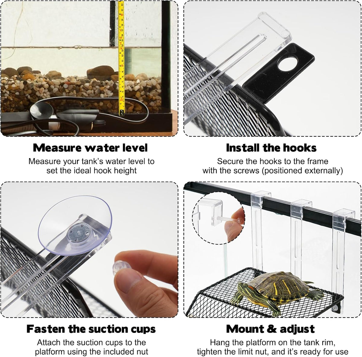 FMOACEN Hanging Turtle Basking Platform Heavy Duty Metal Above Tank Dock with Non Slip Ramp 3 Hooks and Suction Cups for Small to Medium Turtles Lizards Geckos and Hermit Crabs
