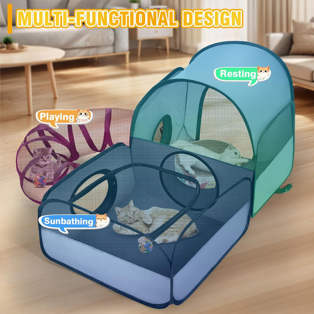 Tailtastic Indoor/Outdoor Cat Playpen with Surround Tunnel 2 Zones Grey