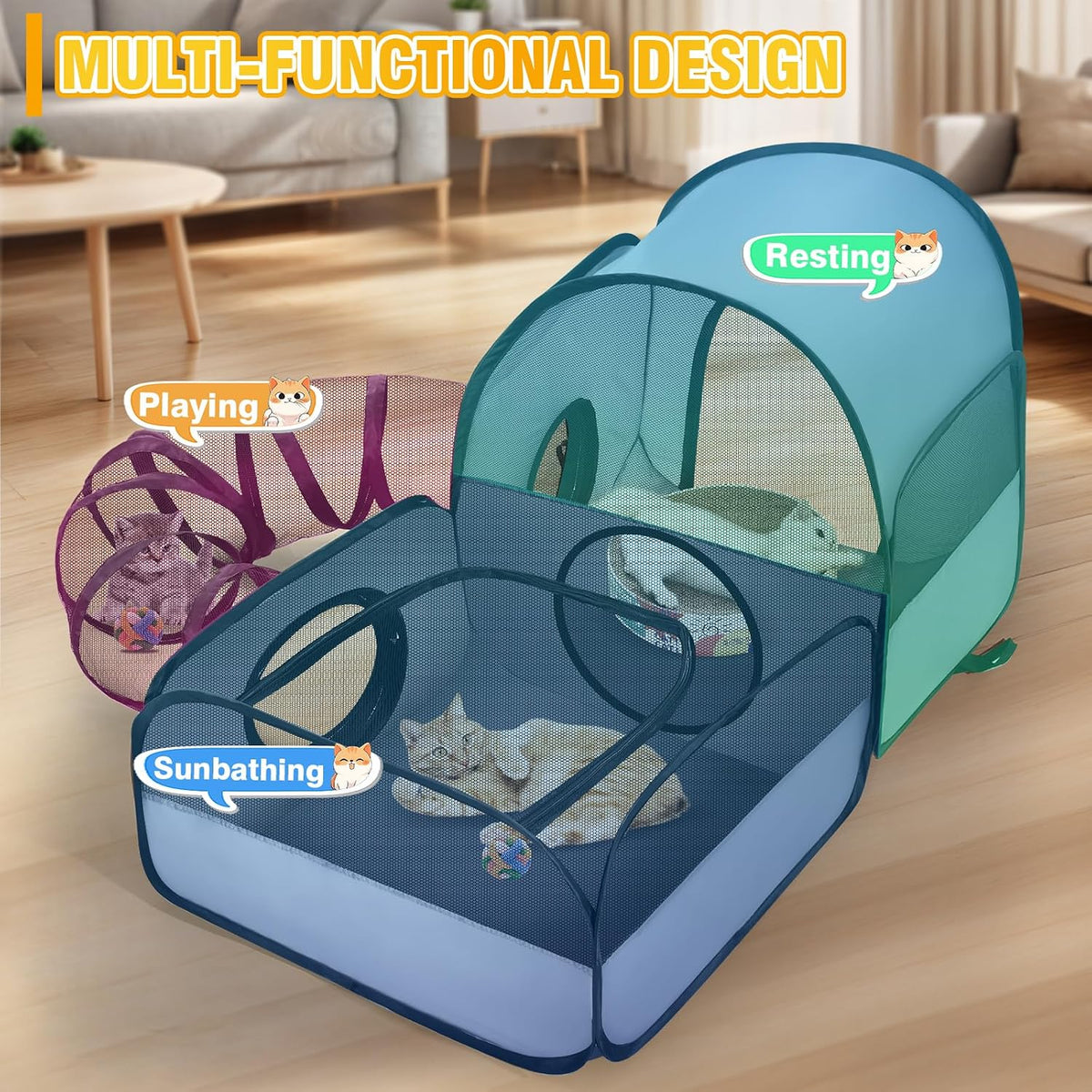 Tailtastic Indoor/Outdoor Cat Playpen with Surround Tunnel 2 Zones Grey