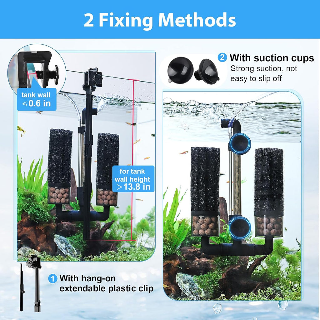 hygger Aquarium Double Sponge Filter: Upgraded Sponge Filter with Larger Filtration Area, Come with Extendable Clip, 2 Spare Biochemical Sponges, Bioceramic Balls, for Freshwater Saltwater Tank - M