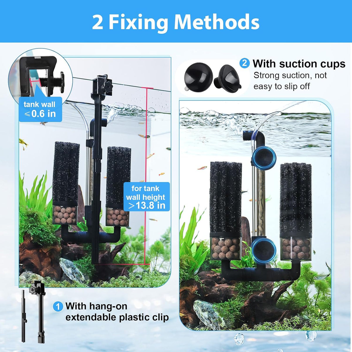 hygger Aquarium Double Sponge Filter: Upgraded Sponge Filter with Larger Filtration Area, Come with Extendable Clip, 2 Spare Biochemical Sponges, Bioceramic Balls, for Freshwater Saltwater Tank - M