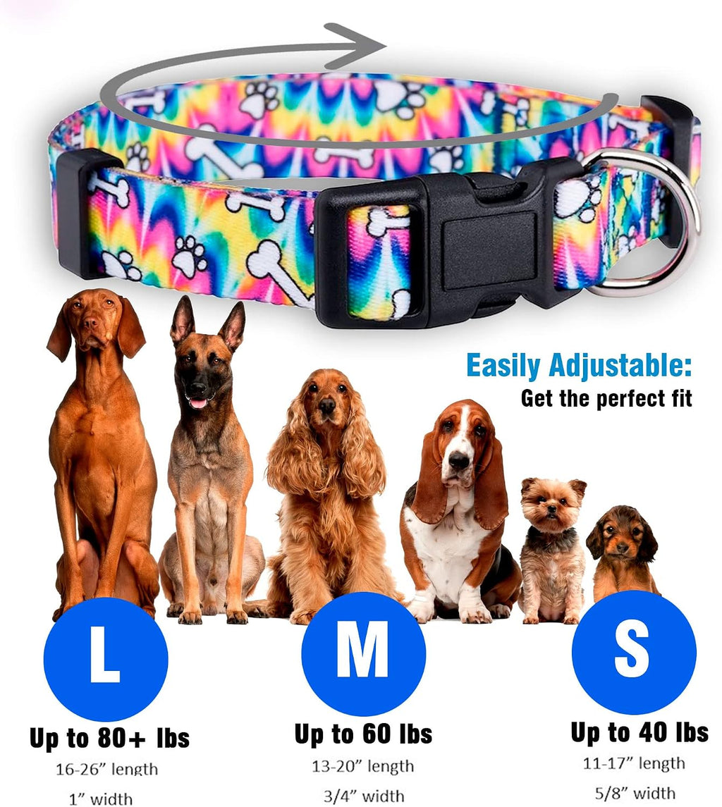 Native Pup Tie Dye Dog Collar, Paws and Bones Hippie Tiedye for Medium Dogs (Medium)
