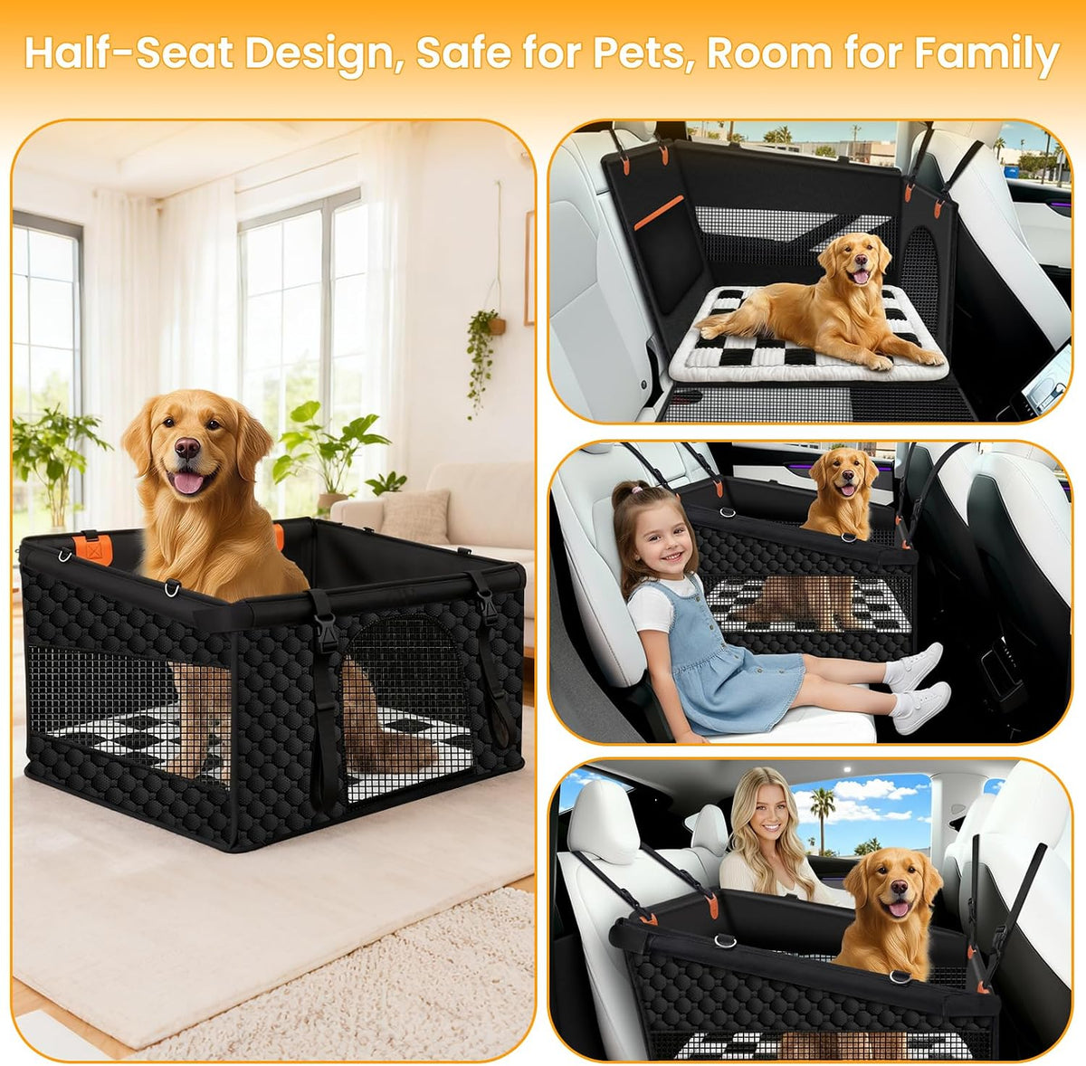 Large Dog Car Seat, Half Back Seat Extender with Hard Bottom
