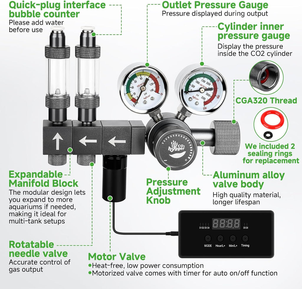 Upgraded Aquarium CO2 Regulator with Motorized Valve, Dual Stage Adjustable Pressure, Expandable for Two Tanks, Includes Timer and Bubble Counters for CO2 Aquarium System