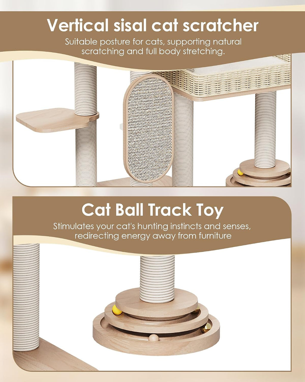 Modern Cat Tree, 53.4 Inches Wooden Multi-Level Cat Tower with Scratching Posts, Sisal Board, Condo, Plush Perch & Toy Ball, Pet Activity Center for Adult Cats