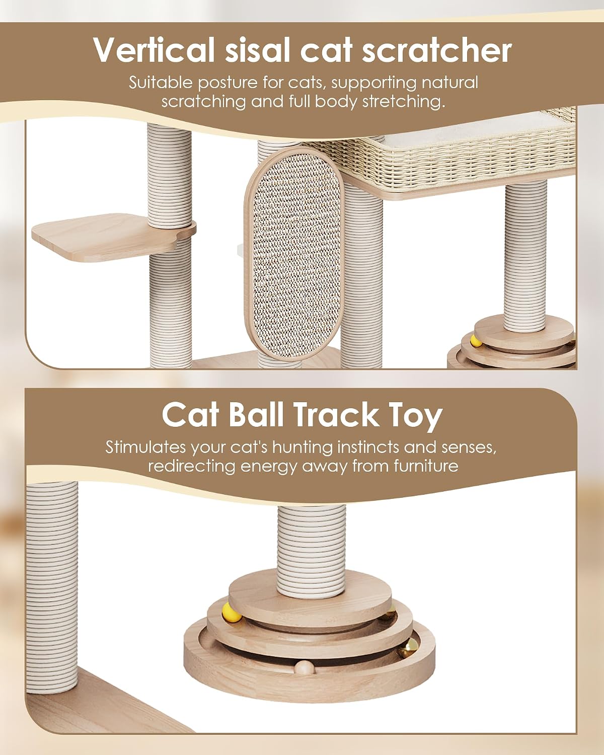 Modern Cat Tree, 53.4 Inches Wooden Multi-Level Cat Tower with Scratching Posts, Sisal Board, Condo, Plush Perch & Toy Ball, Pet Activity Center for Adult Cats