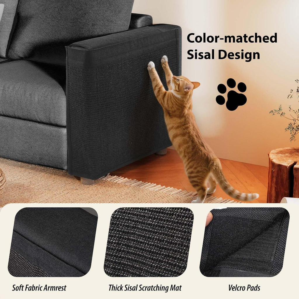 Couch Protector from Cat Claws - Cat Scratch Sofa Protector Universal Fit on Both Arm Sides with Black Sisal Pad for Leather and Fabric Sofa,27.5 * 19.7 inch Expanded Coverage Sisal Area(Black)