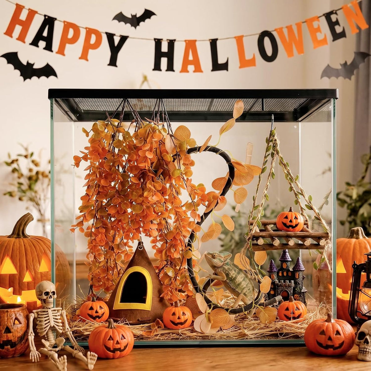 Daily Treasures Fall Reptile Terrarium Decoration,with Felt Hideout&Hammock
