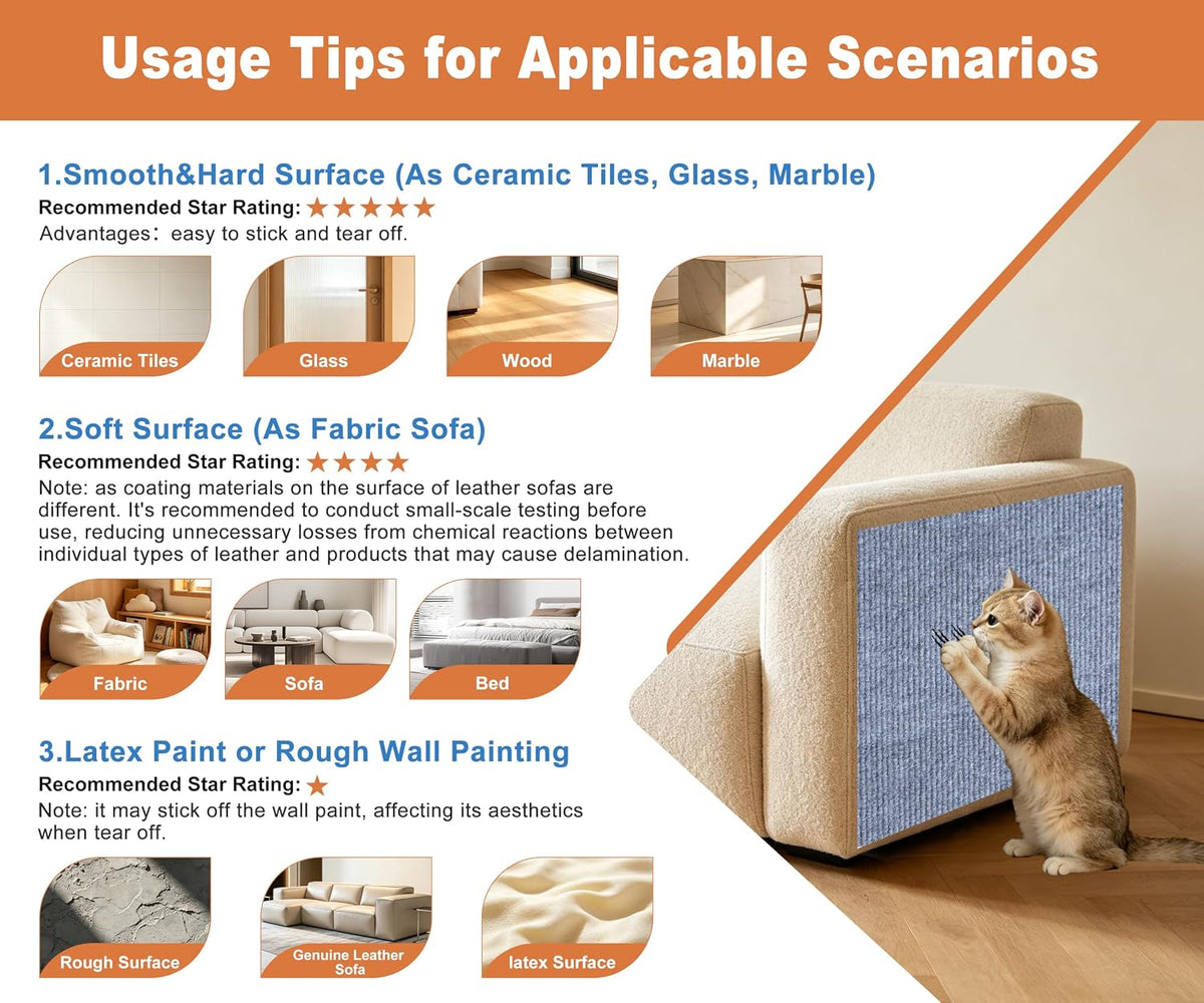Self-Adhesive Cat Scratching Mat, Trimmable Cat Scratcher Carpet Furniture Protector Pads for Sofa, Door, Cat Climbing Wall Scratch Mat, Couch Guards Pad from Cats Claws, 6PCS 11.8*11.8" (Light Grey)