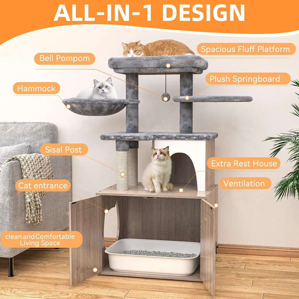Litter Box Enclosure with Cat Tree,Cat Tree with Litter Box Enclosure,Hidden Pet Washroom Furniture with Sisal Scratching Post,Hammocks,Condo,Multiple Platform,Soft Plush Perch, Grey