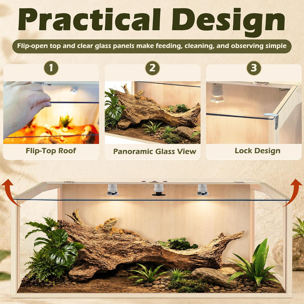 PROLEE Bearded Dragon Tank, Lizard Tank with Clear Tempered Glass, Anti-Scratch Reptile Enclosure, Reptile Tank Built-in Light Fixtures with Switch (47X18X18inch)