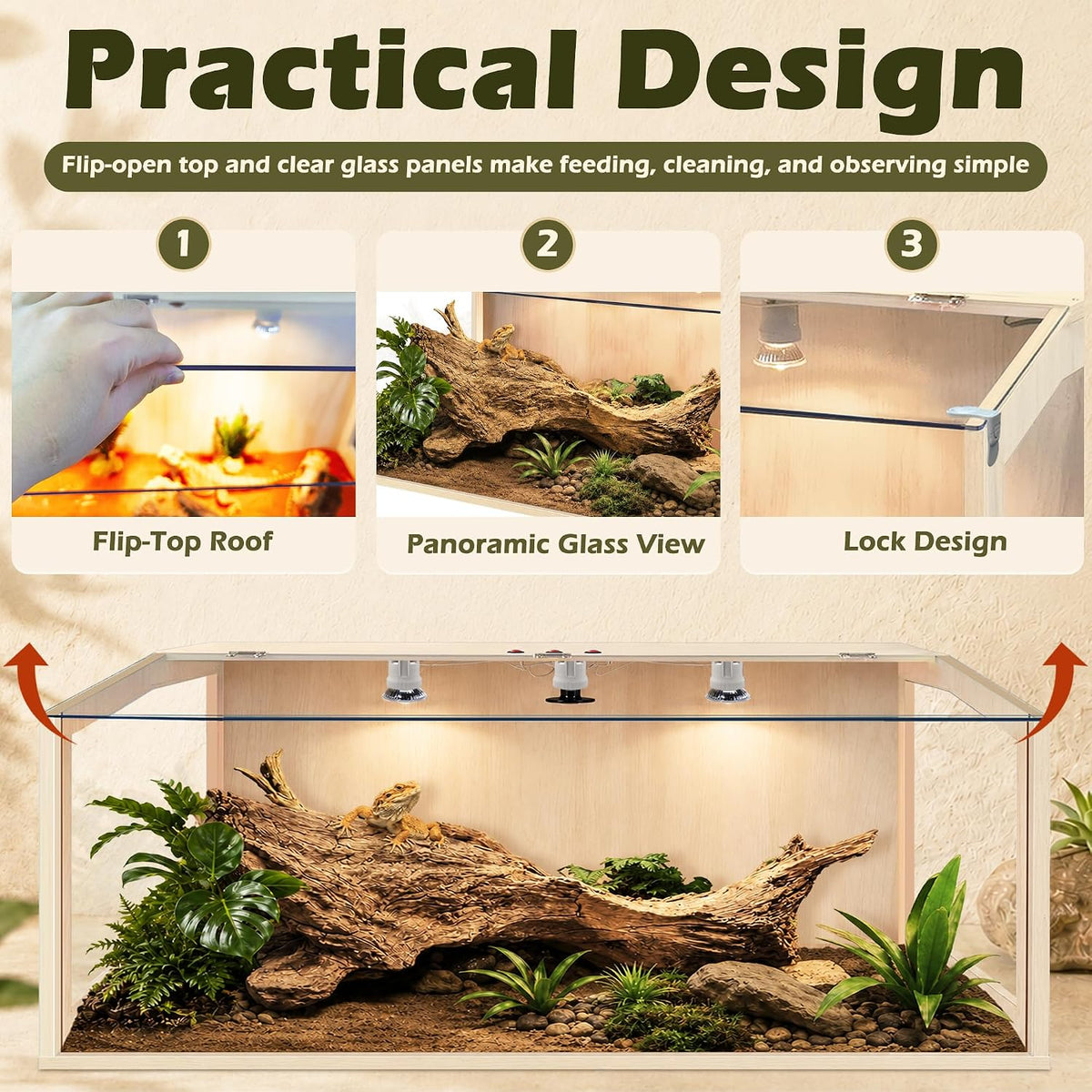 PROLEE Bearded Dragon Tank, Lizard Tank with Clear Tempered Glass, Anti-Scratch Reptile Enclosure, Reptile Tank Built-in Light Fixtures with Switch (47X18X18inch)