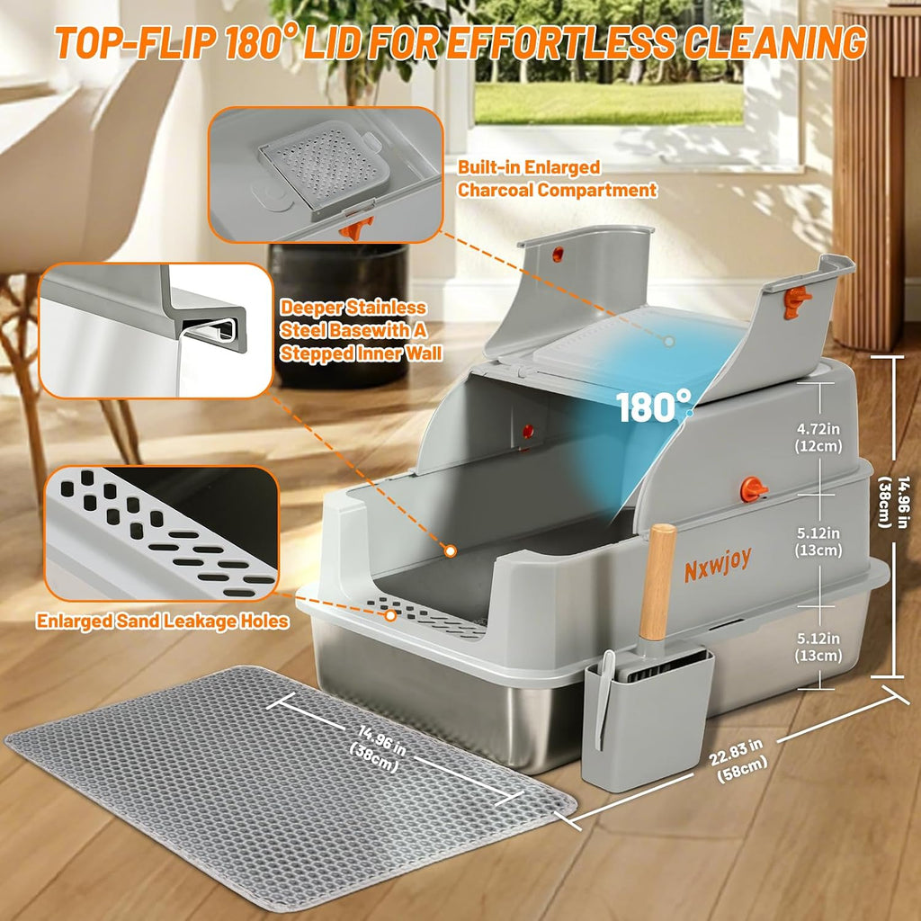 Stainless Steel Litter Box with Lid & Cat Litter Scoop Mat Grey