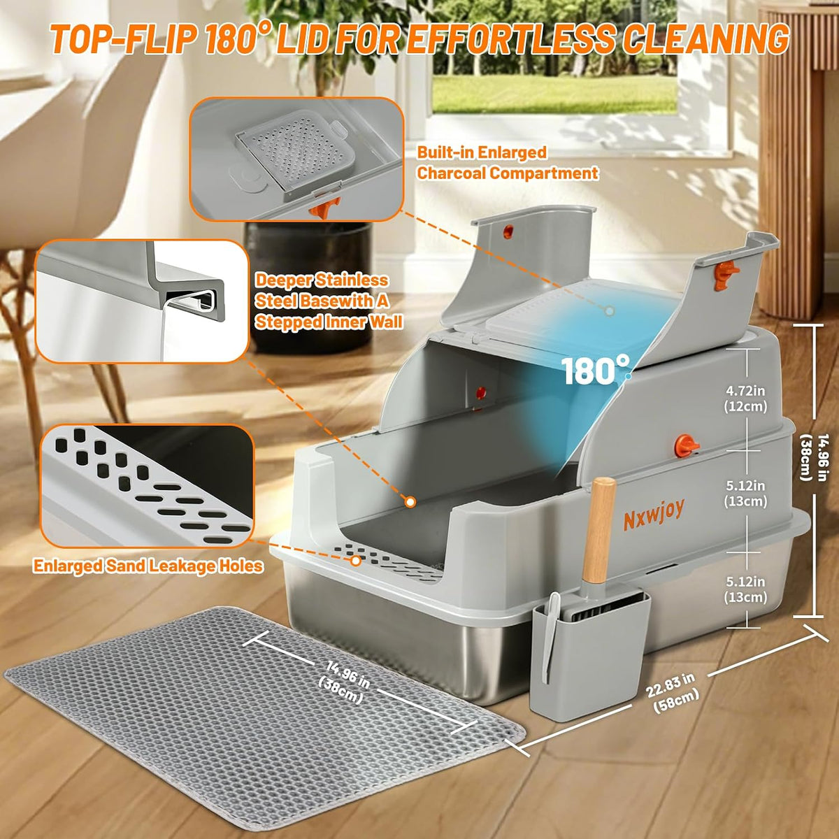 Stainless Steel Litter Box with Lid & Cat Litter Scoop Mat Grey