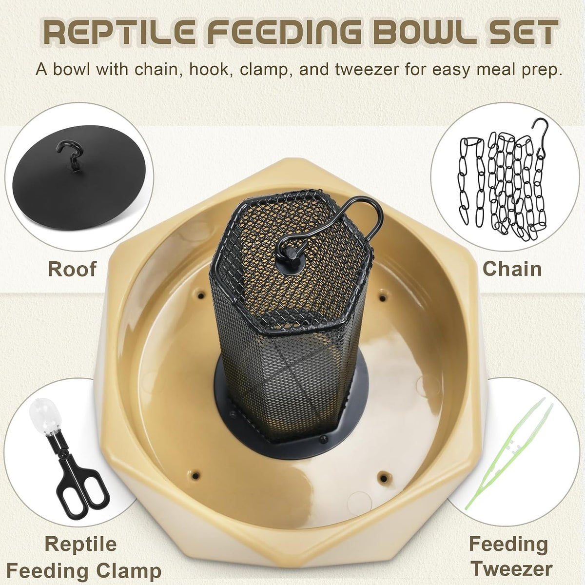 Chameleon Feeding Bowl, Hanging Insect Feeder with a Pillar for Prey to Climb Up, Suitable for Chameleon, Bearded Dragon, Lizard, Iguana, Gecko(Khaki)