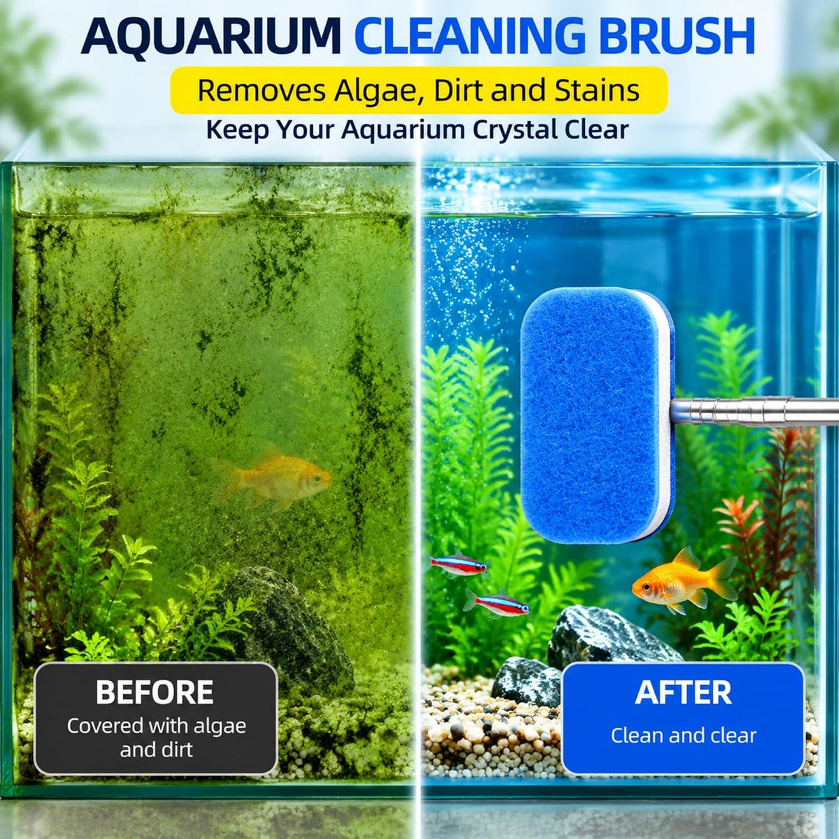 2 Pack Fish Tank Cleaner, Aquarium Cleaning Brush with Long Handle and Replaceable Sponge Pad, Aquarium Glass Cleaner Tool and Daily Tank Maintenance