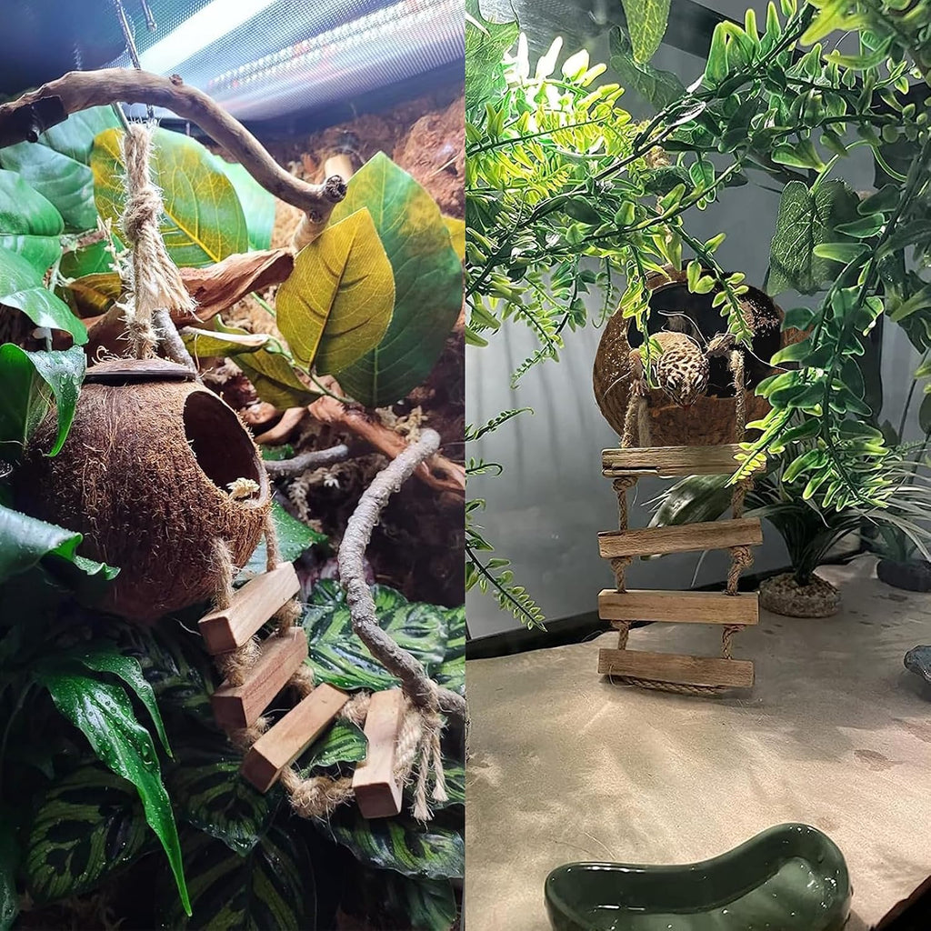 5PCS Coconut Hut for Gecko, Lizard Coco Den with Ladder and Reptile Hammock Bearded Dragon Tank Accessories Climbing Hanging Plants Jungle Vine Flexible Reptile Leaves Decor