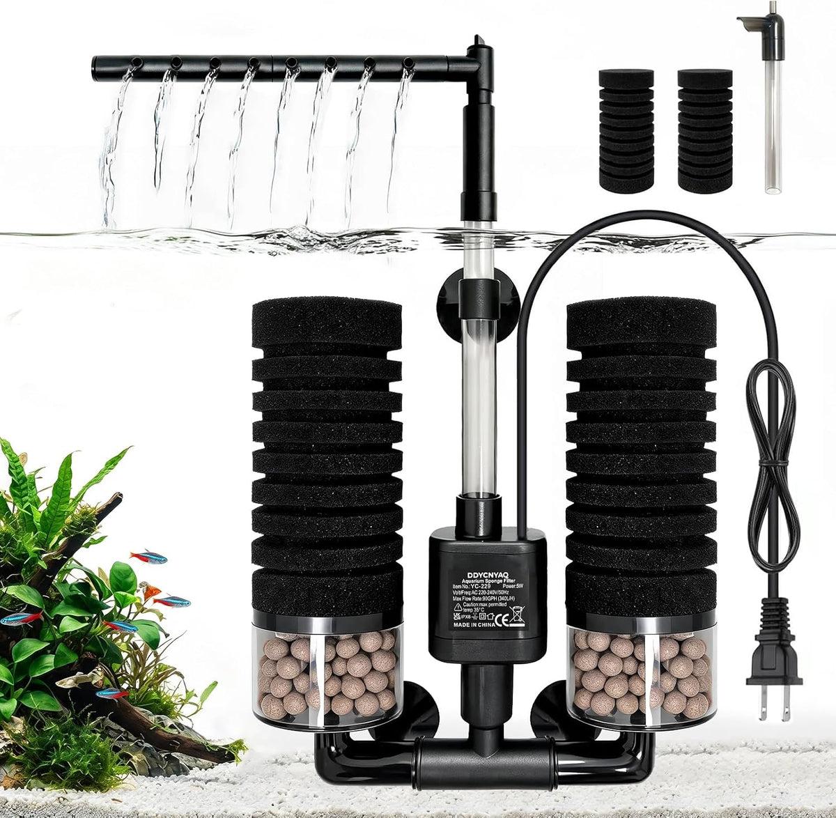 Electric Double Sponge Filter, 5W Ultra-Quiet Internal Power Filter with Venturi & Rain Mode, Submersible Aquarium Filter for 20-55 Gal Freshwater & Saltwater Fish Tanks(L)