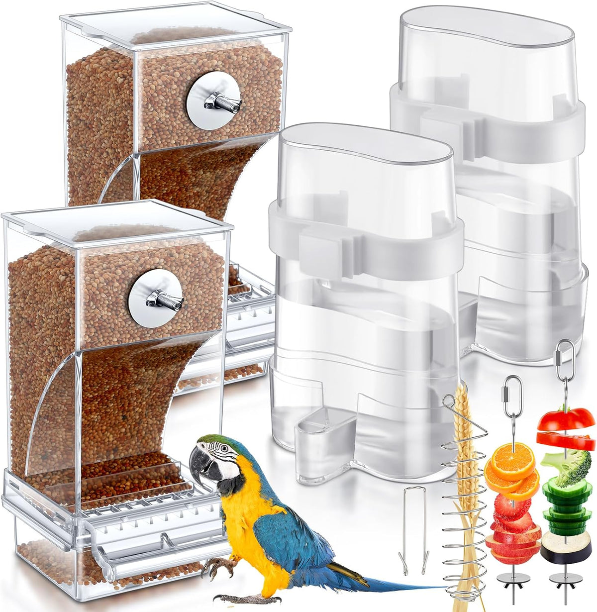 Jingmore 7 Pcs Bird Feeder and Waterer Set, Automatic No Mess Clear
