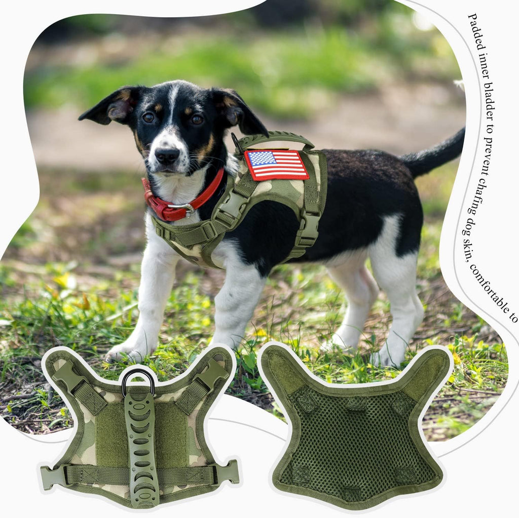 Tactical Service Dog Harness for Small Dogs, Adjustable Military K9 Working Vest with Vertical Handle, Water-Resistant MOLLE Training Gear, Camo, XS