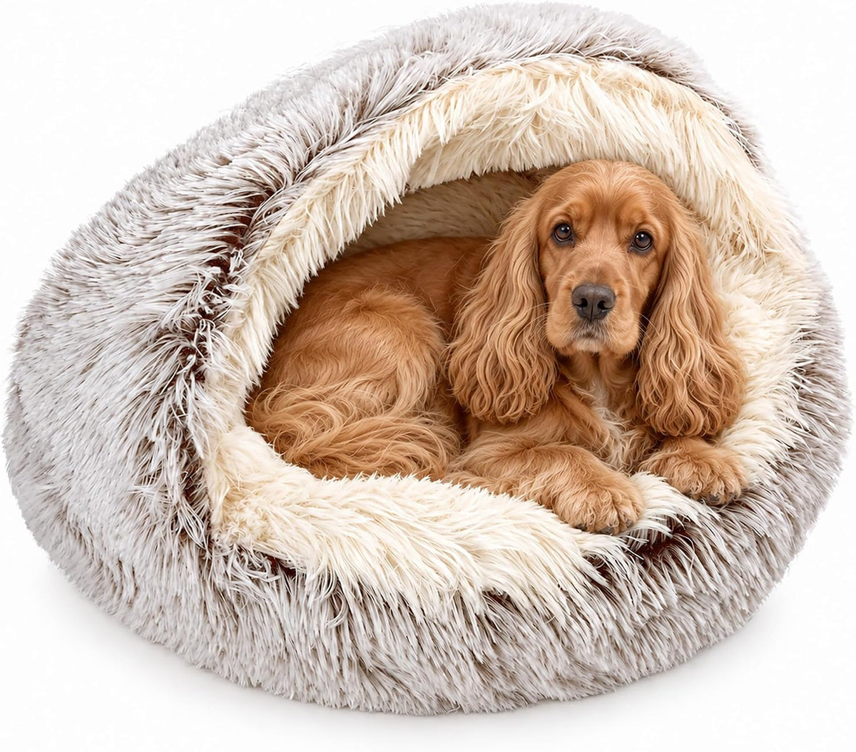 Round Cat Bed Washable, Calming Fluffy Cat Cave, 20 Inch, Grey
