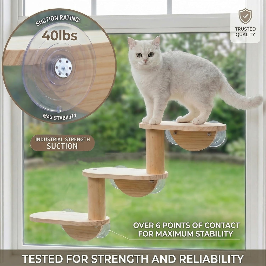 Cat Window Ladder, 3-Level Solid Pine Steps for Climbing and Bird Watching
