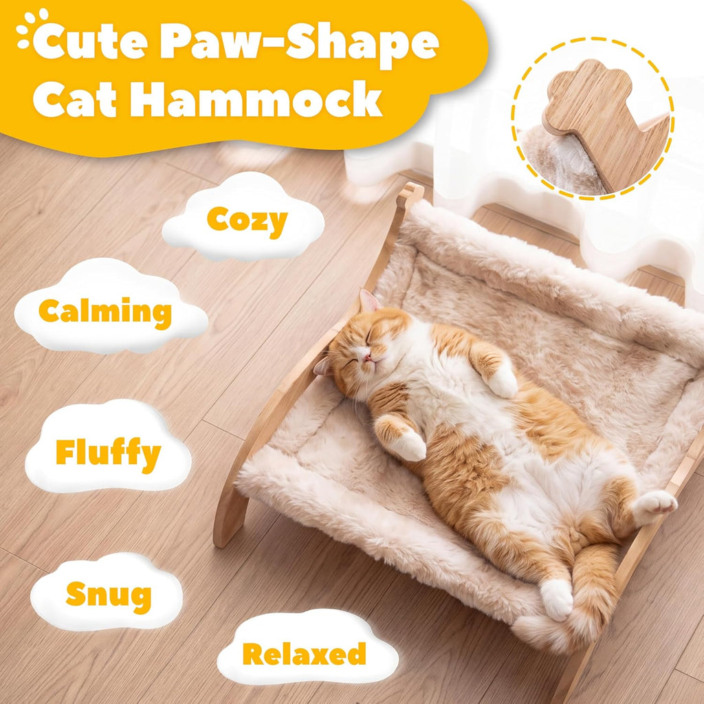 Elevated Cat Bed for Indoor Cats, Cute Paw-Shape Cat Hammock Couch with Cozy Washable Cushion, Solid Wood Pet Furniture for Kitty, Puppy & Bunny (Warm Beige)