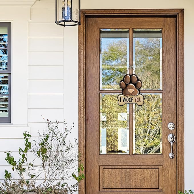 Dog Paw Prints Front Door Sign, I Woof You Bone Wood Hanger Outdoor Outside - Image 4