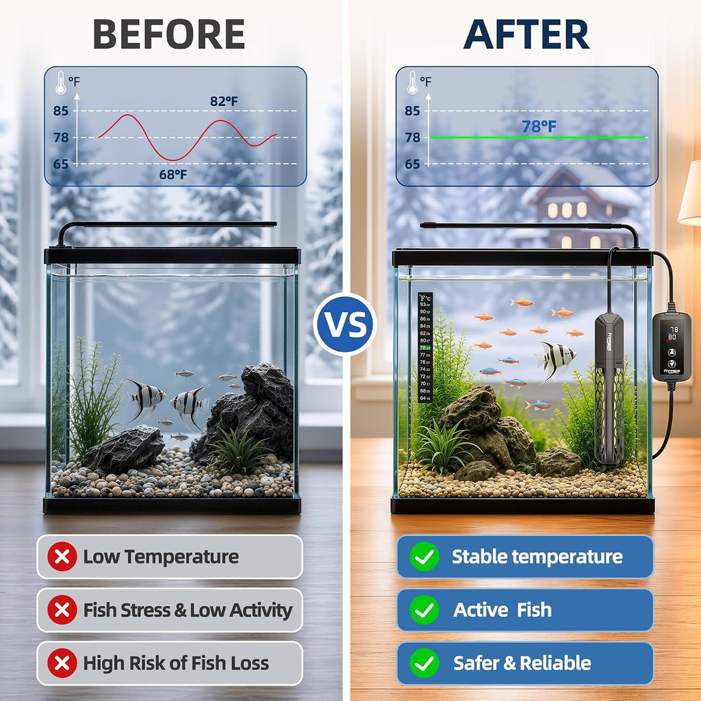 FREESEA Adjustable Aquarium Heater 20-50Gal: 200W 64-95°F Precise Control
