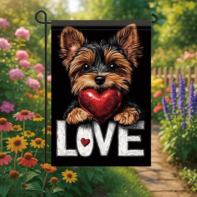 Cute Kasha Dog Garden Flag Holding Red Heart Love Sign Double Sided Yard Banner - Image 5