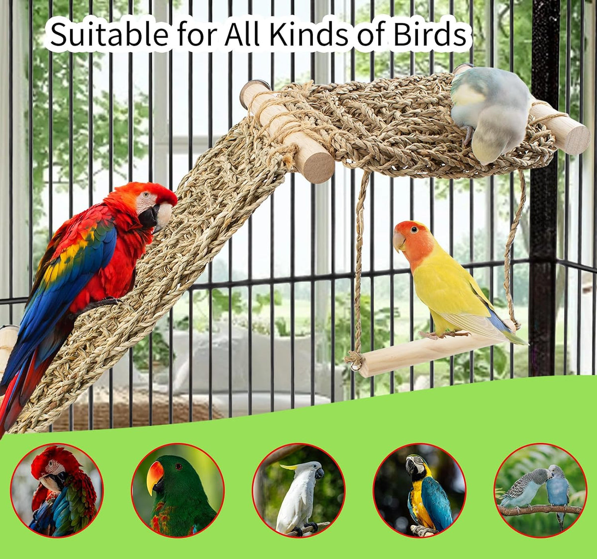 FlidRunest Bird Perch Platform with Climbing Ladder, Parrot Chewable Natural Seagrass Woven Hammock, Parakeet Cage Accessories Playing Gyms Exercise Sturdy for Cockatiels, Lovebirds, Budgies