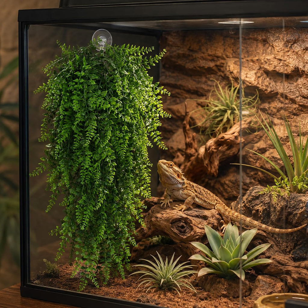 HERCOCCI 3 Pack Reptile Plants, Terrarium Hanging Plants Vines Artificial Leaves Habitat Decorations with Suction Cup for Bearded Dragon Hermit Crab Lizard Snake Geckos Chameleon