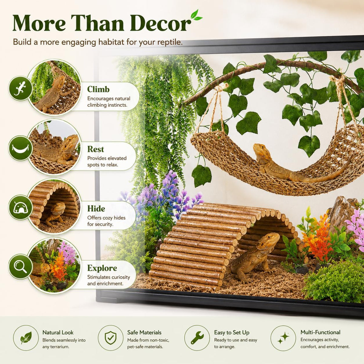 Bearded Dragon Tank Accessories, Reptile Mat Hammock Plants Bridge Jungle Climber Vines for Leopard Gecko Hermit Crab Lizard Snak (Bearded Dragon Tank Accessories (9 Piece))