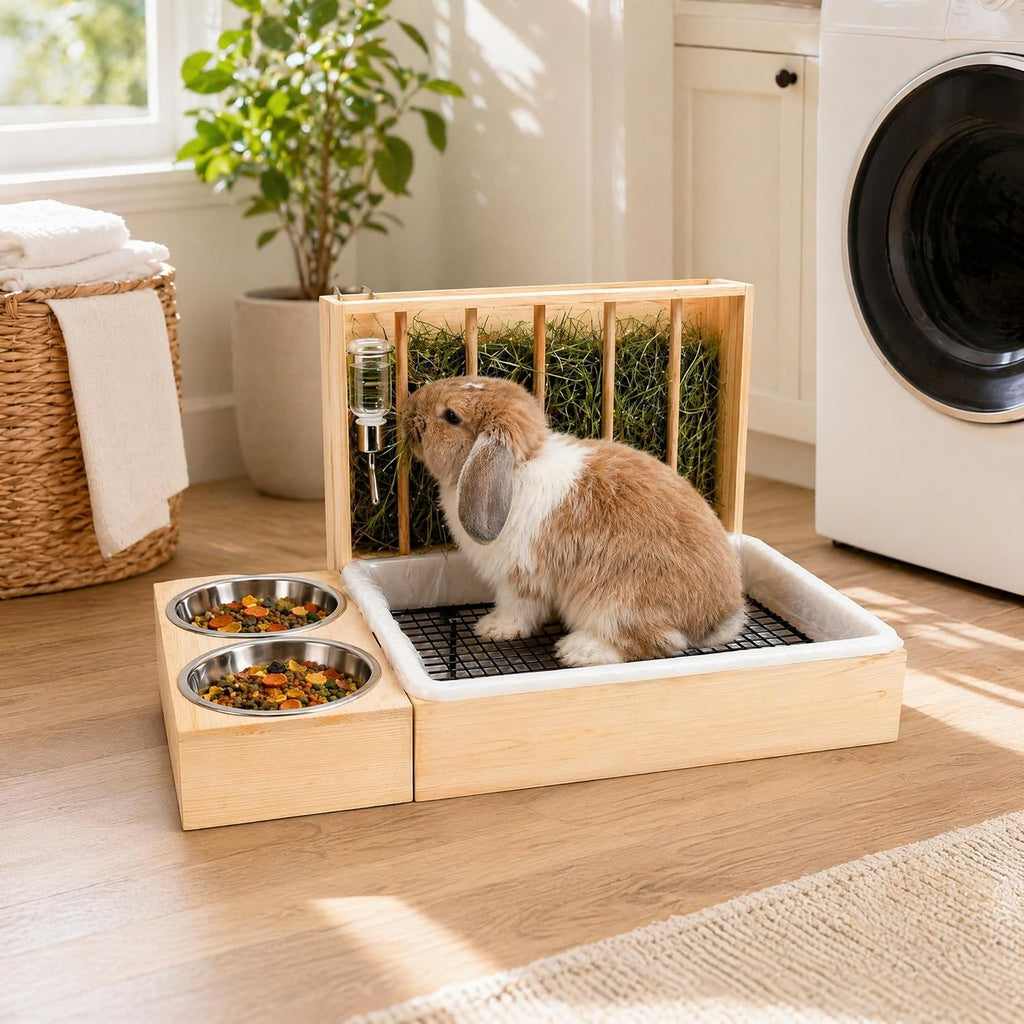 3 in 1 Rabbit Hay Feeder with Litter Box and 2 Bowls, Solid Wood Bunny Feeder Station with Adjustable Metal Hay Rack, Water Feeder, Cleaning Kit for Rabbits, Guinea Pigs, Chinchillas, Hamsters