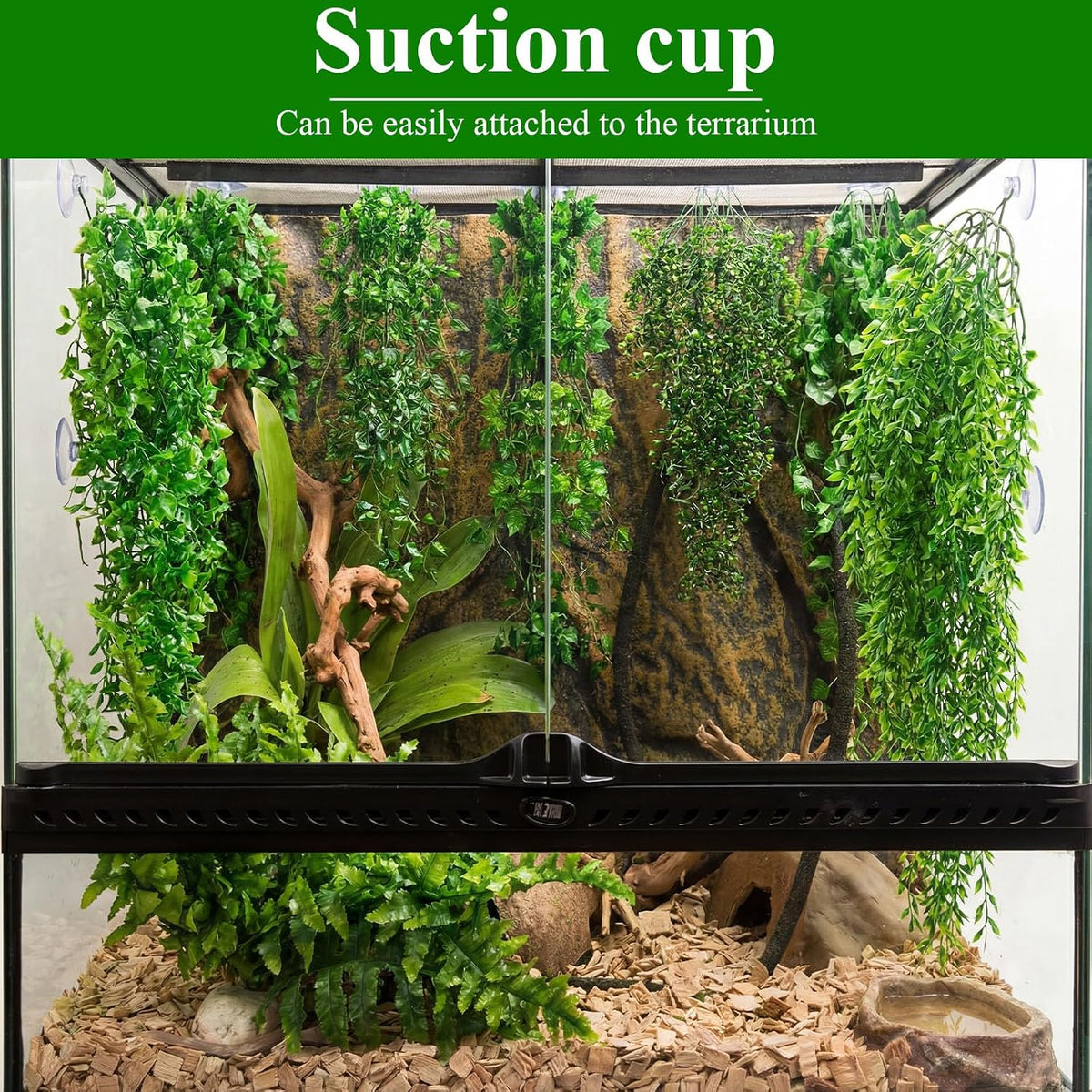 Suncalla 8 Pack Reptile Plants Terrarium Hanging Plant Vine Boston Climbing Terrarium Plant with Suction Cup for Bearded Dragons Lizard Crested Gecko Snake Crab Tank(Petite Leaf Series,Multiple Green)