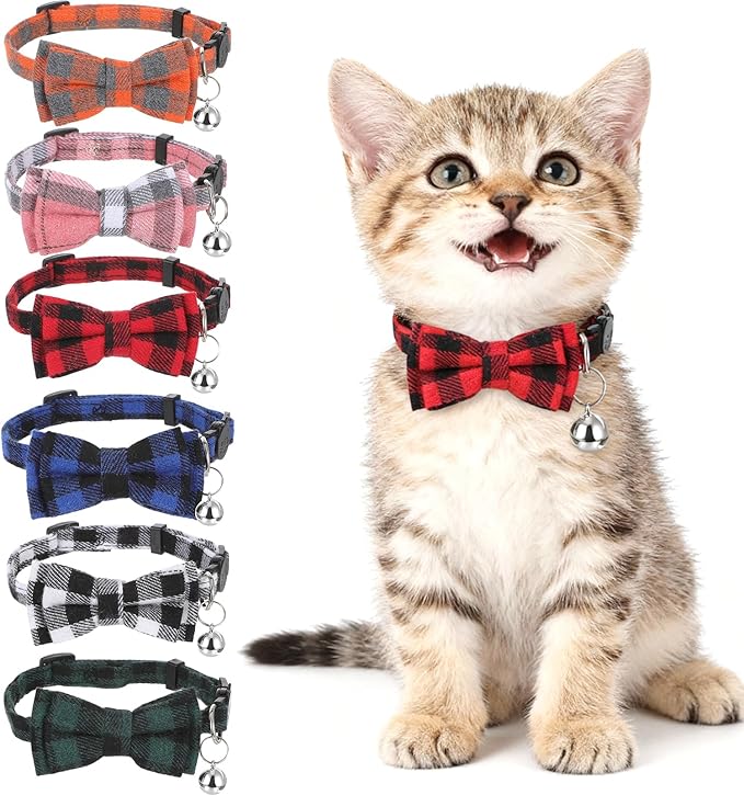 6Pcs Cats Bowtie Collar with Bell, Breakaway Cats Collars, Classic Plaid Kitten by Unknown