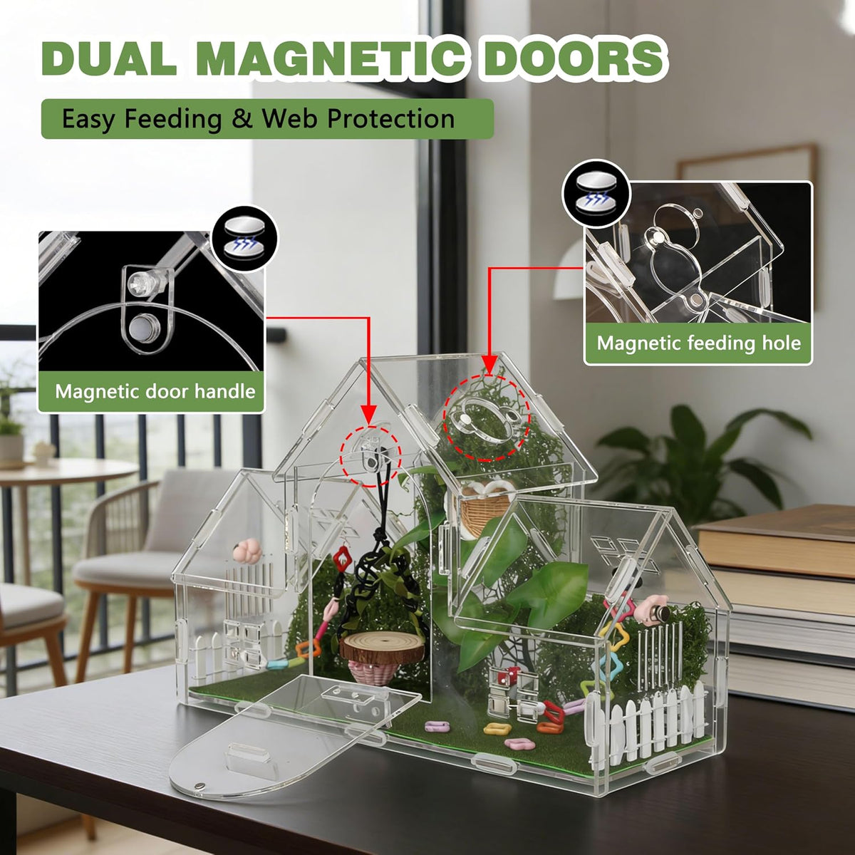 20-Piece Jumping Spider Enclosure Kit, Acrylic Terrarium with 360° View & Magnetic Doors, Complete Accessories Set for Tarantula, Mantis, Small Reptiles, 11.8" L x 4.5" W x 8" H