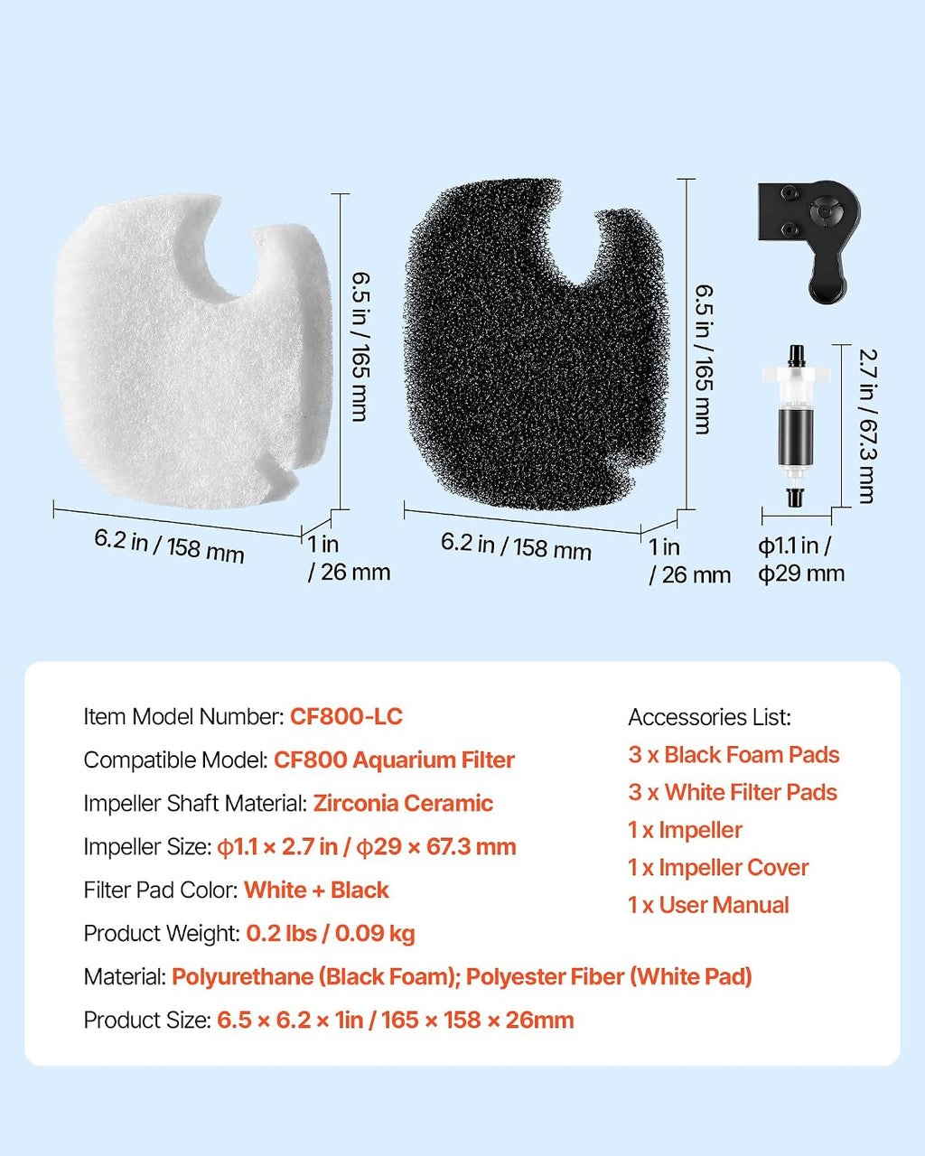 VEVOR Aquarium Filter Media Pads, 6 PCS Replacement with Impeller for CF800