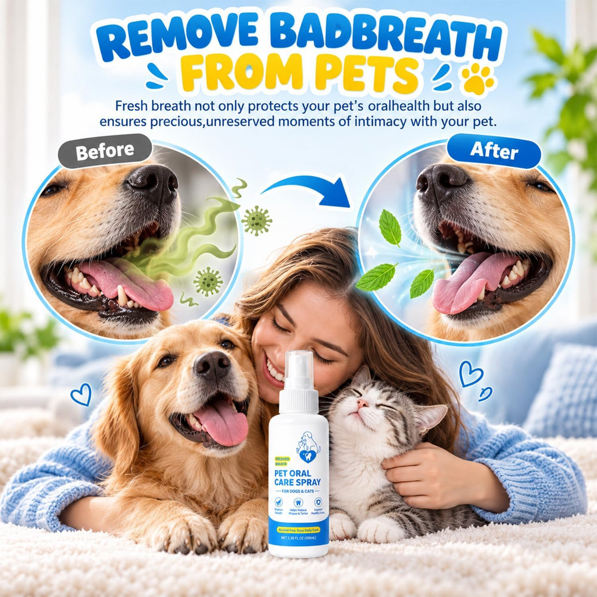 Pet Oral Care Spray, Dog & Cats Dental Spray for Dog Teeth Cleaning, Daily Dog Dental Care Cat Dental Care Solution, Breath Freshener & Plaque Tartar Control, Gum Health Support