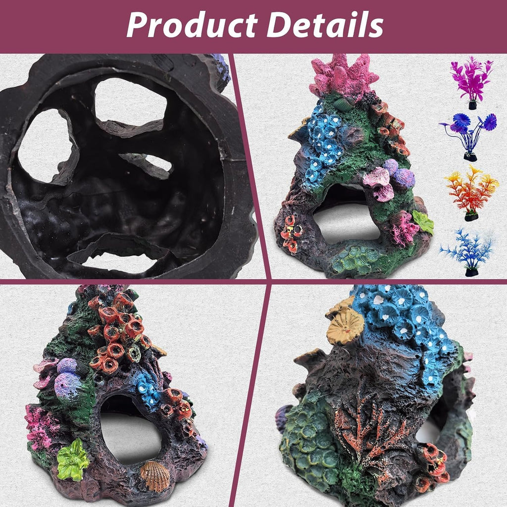 Coral Small Fish Tank Decorations with 4PCS Artificial Aquarium Plants