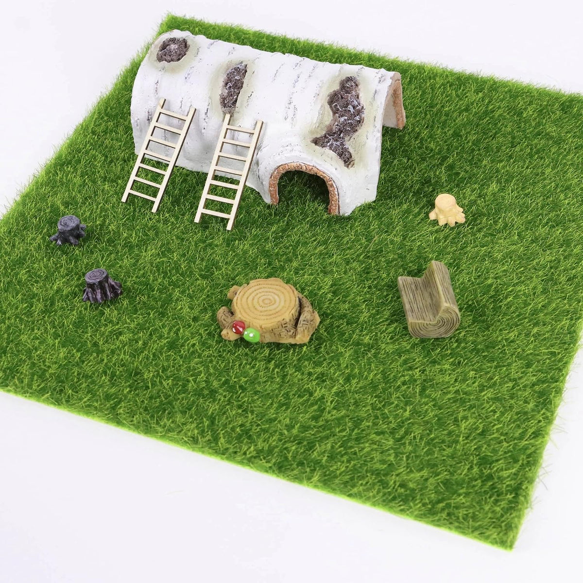 9 Pack Jumping Spider Habitat Decor Set with 11.8" x 11.8" Fake Grass Base, Faux Tree Bark Jumping Spider Hideout, Mini Ladders and Log Jumping Spider Décor, Natural Jumping Spider Enclosure Acce