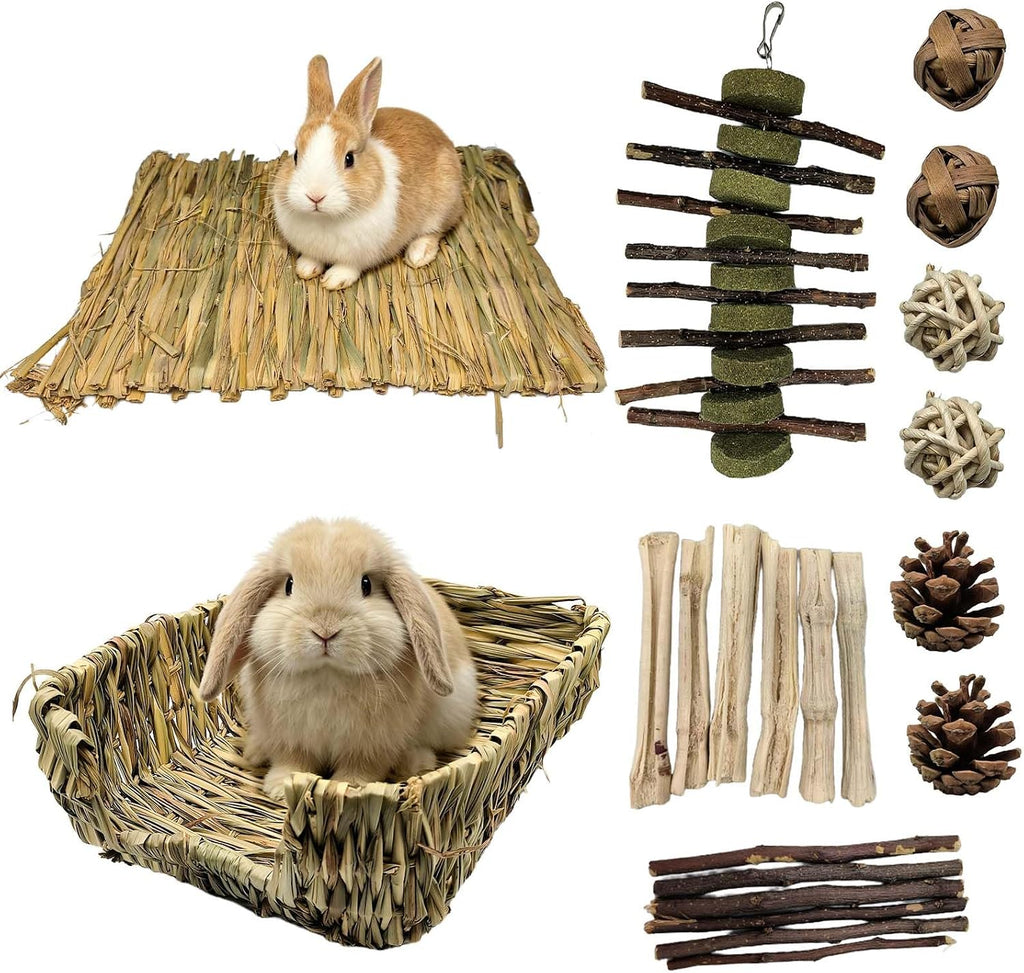 Bunny Grass Bed Mat 18Pcs Rabbit Chew Toys Set Hand-Made Woven Hay Mat