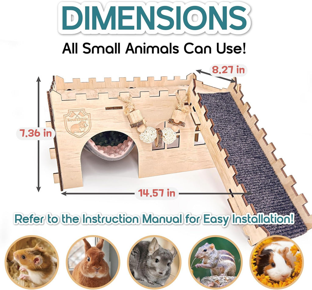 SoulThink® Large Guinea Pig Hideout & House - Easy to Assemble Wooden Guinea Pig Castle with Hammock, Ramp and Toys Accessories Habitat Suitable for Hamsters and Chinchilla