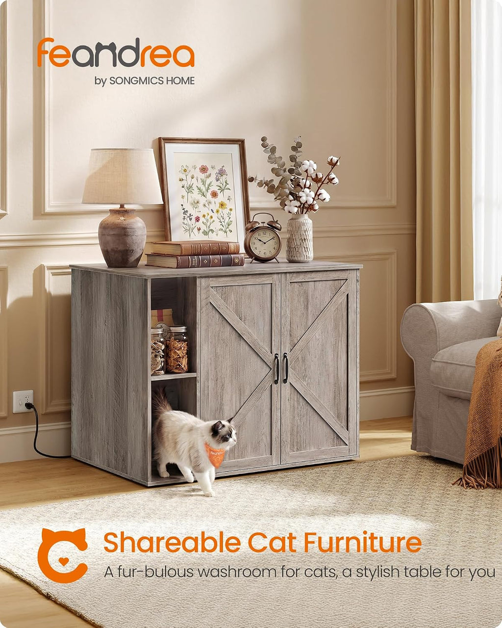 Feandrea Cat Litter Box Enclosure, Hidden Cat Washroom with Power Outlet