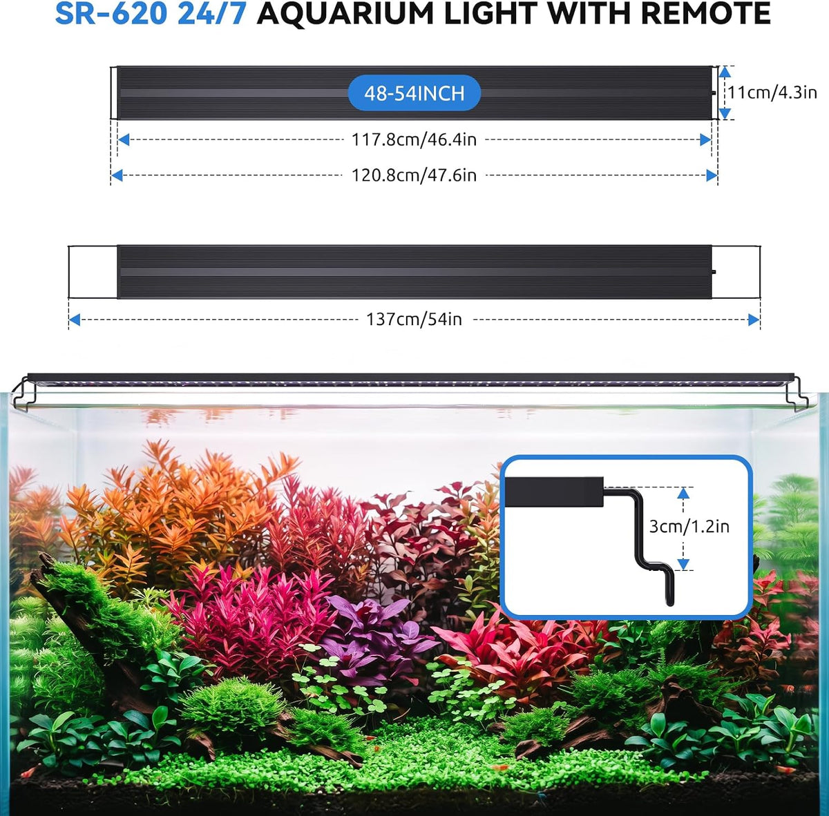 SEAOURA 24/7 LED Aquarium Light for Plants with Remote, Full Spectrum Fish Tank Light with Timer for 48-54 Inch Freshwater Tanks, Auto ON/Off, 20-Brightness, Power-Off Memory, Day/Night & DIY Mode