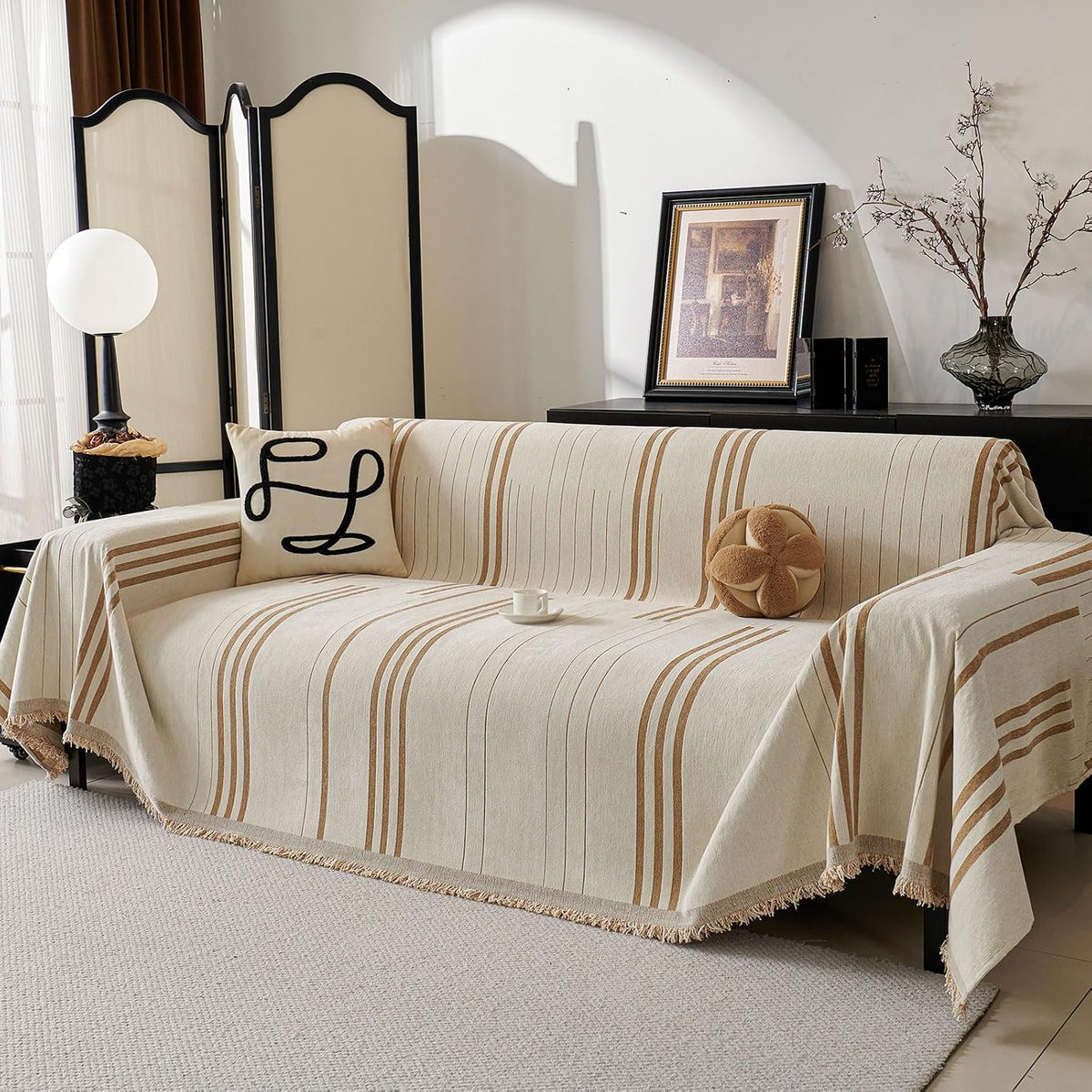 Boho Couch Covers for Sofa Washable Sofa Covers for 3 Cushion Couch Soft Non Slip Couch Covers for Sectional Sofa Dog Pet Furniture Protector (Light Gray, 91"*134")