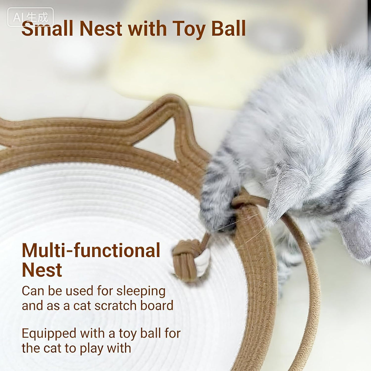 Instinct Basket for Cats & Cotton pad Stimuli Cat Bed with Toy Tail Cats Ear Design Breathable All Season Universal Scratch-Resistant (Grey, M)
