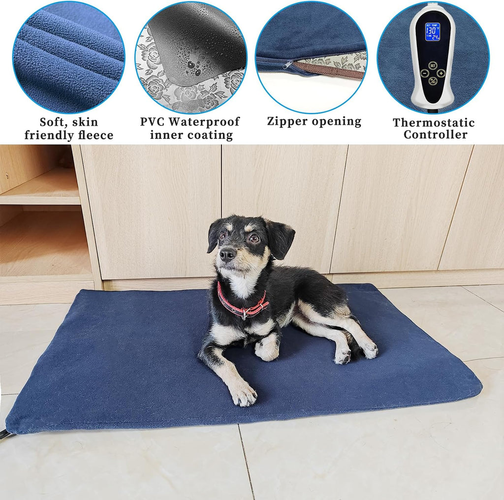 Large Dog Heating Pad for Dogs, Pet Heating Pad Electric, Waterproof, Heated Dog Bed with Timer, with Smart Thermostat Switch, Add Wire Rope with Blue Fabric Cover (Rose, 34x21 in)