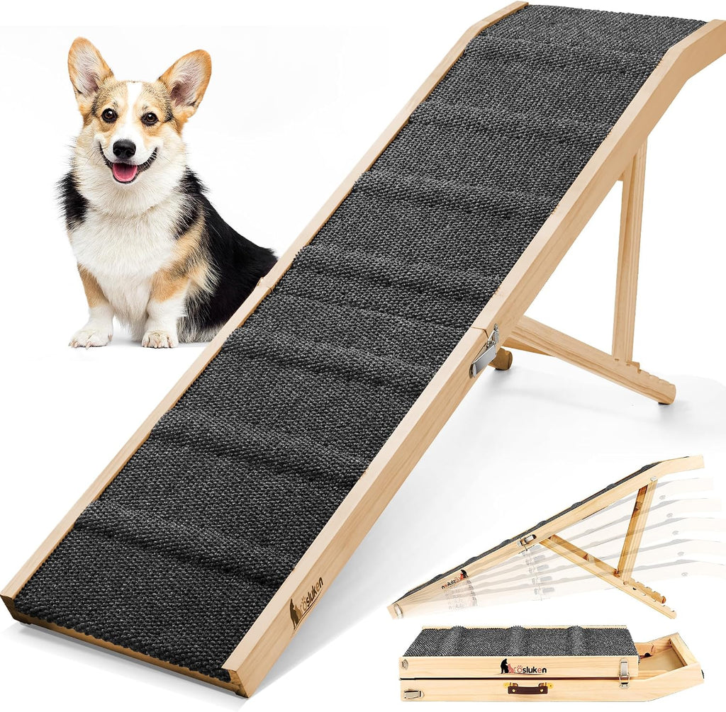 𝟐𝟎𝟐𝟔 𝐔𝐩𝐠𝐫𝐚𝐝𝐞𝐝 Dog Ramp for Bed, 64" Long Foldable Pet Ramp for Small Large Dogs, Dog Ramps for High Beds, High Traction with Platform 6 Adjustable Heights 24" to 30" Up to 220LBS Black
